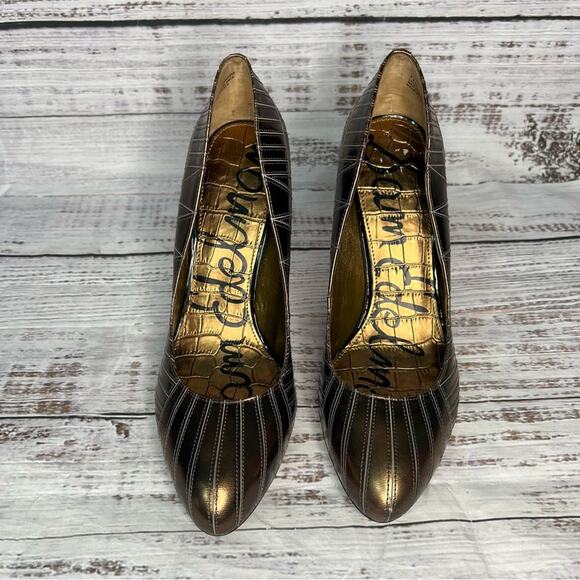 Sam Edelman 7.5 Tessa Laser Etched Heel Bronze High Heels 4" - Picture 3 of 10